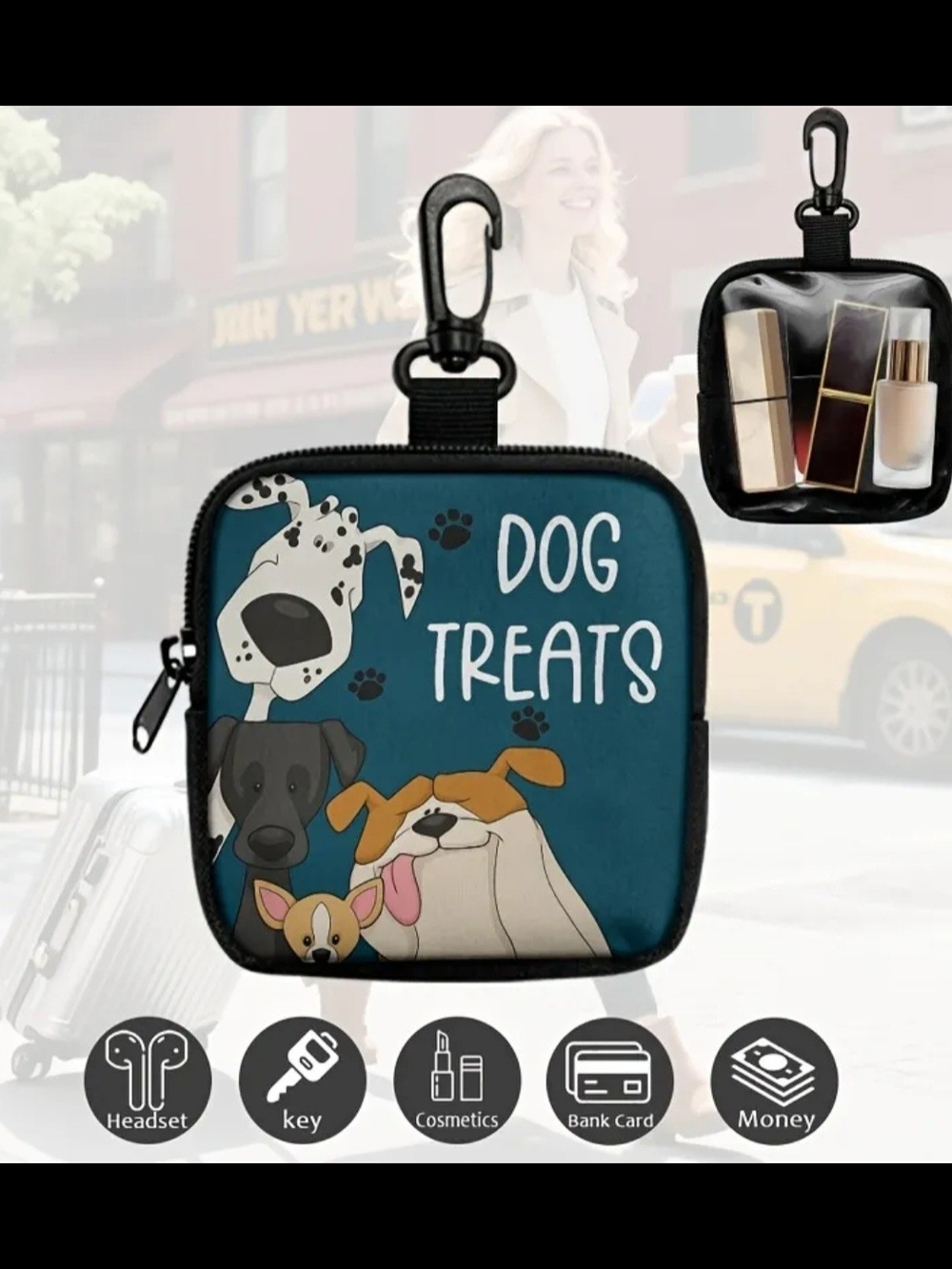 Dog Treats Pouch Clip-On - Teal Blue Cartoon Dogs